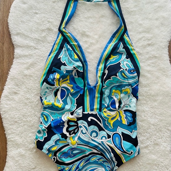 Trina Turk Blue and Yellow One Piece Swimsuit with Plunging Neckline - Picture 3 of 6